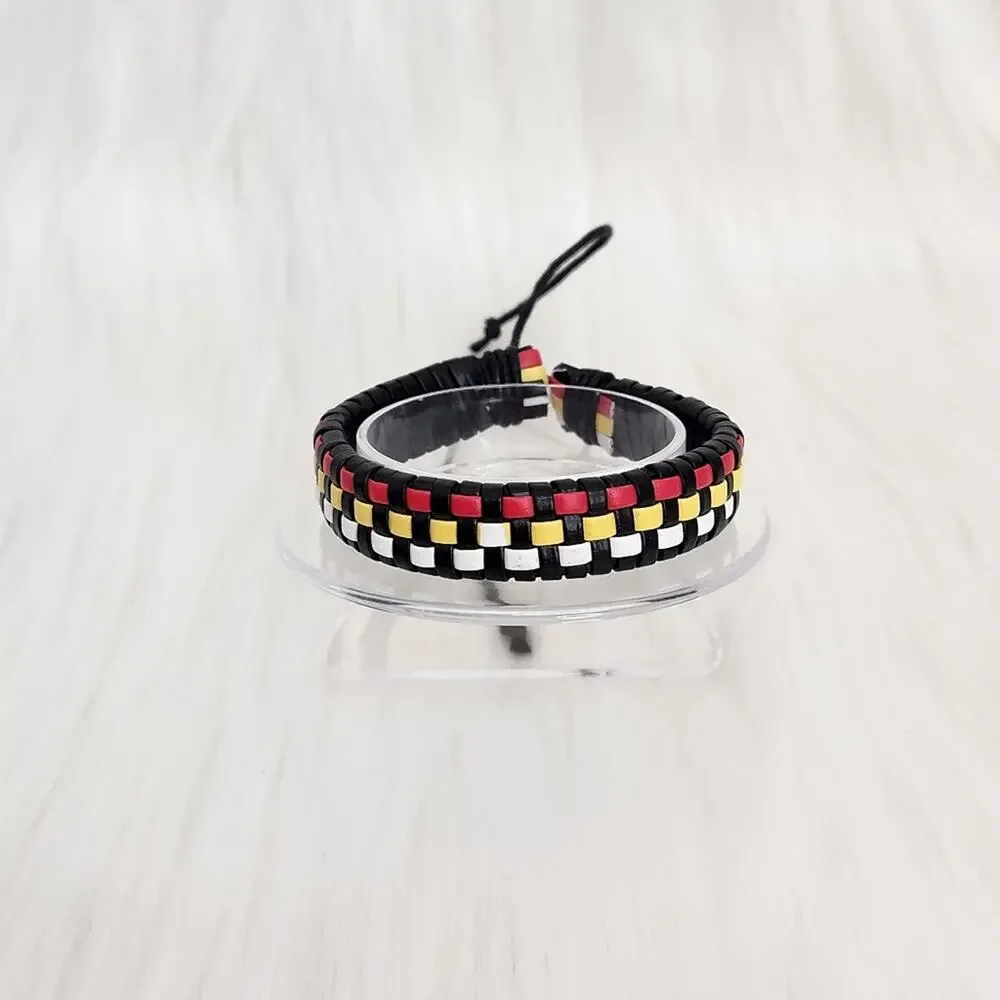 PU Leather Strand Bracelet Yellow Black White Ethnic Boho Reggae Hip Hop Unisex - Picture 2 of 3